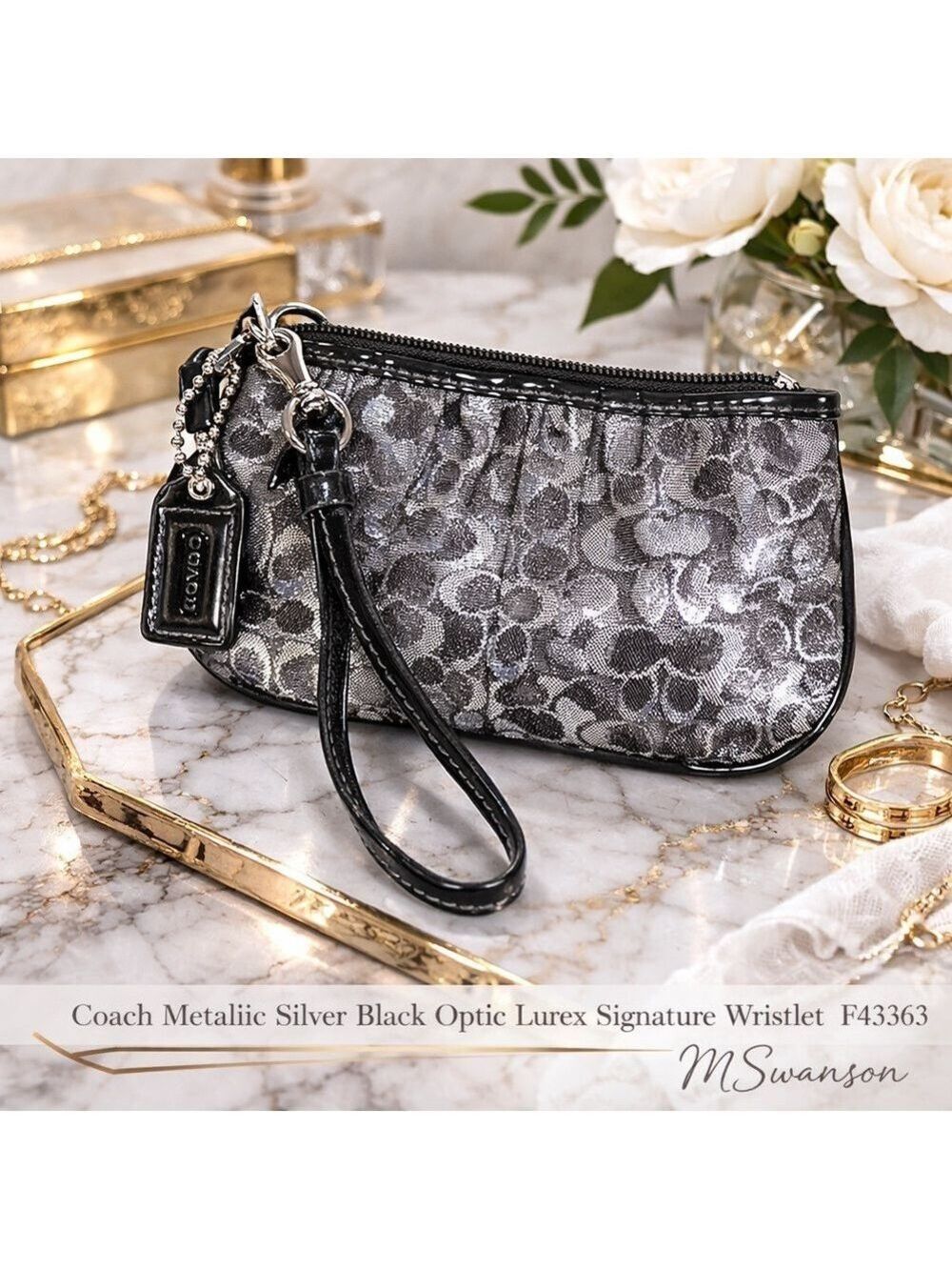 Coach Metallic Silver Black Optic Lurex Signature Small Zipper Wristlet F43363